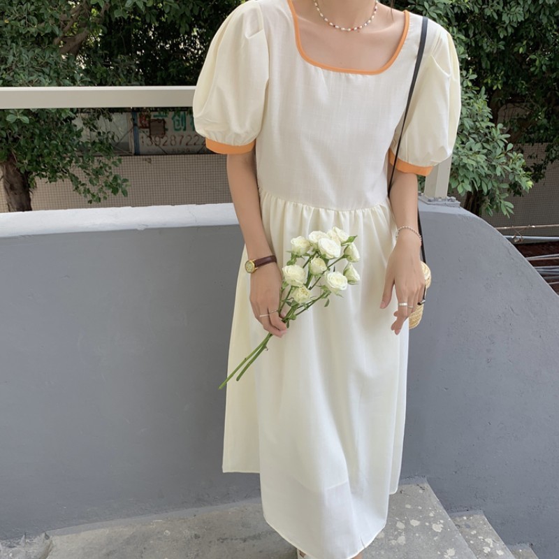 Elegant Women's Boho Dress Summer Contrast Patchwork Square Collar Puff Sleeve Casual Long Party 210519