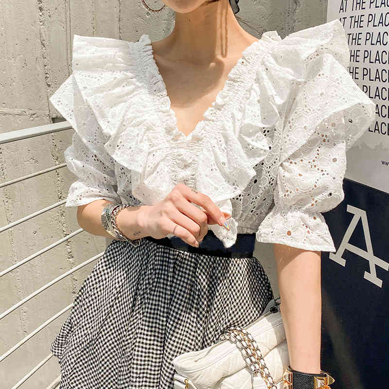 High quality Summer Sexy 2 Piece Set Women V neck Lace Puff Sleeve Ruffles Shirt + Vintage Plaid Irregular Skirts Suit 210506
