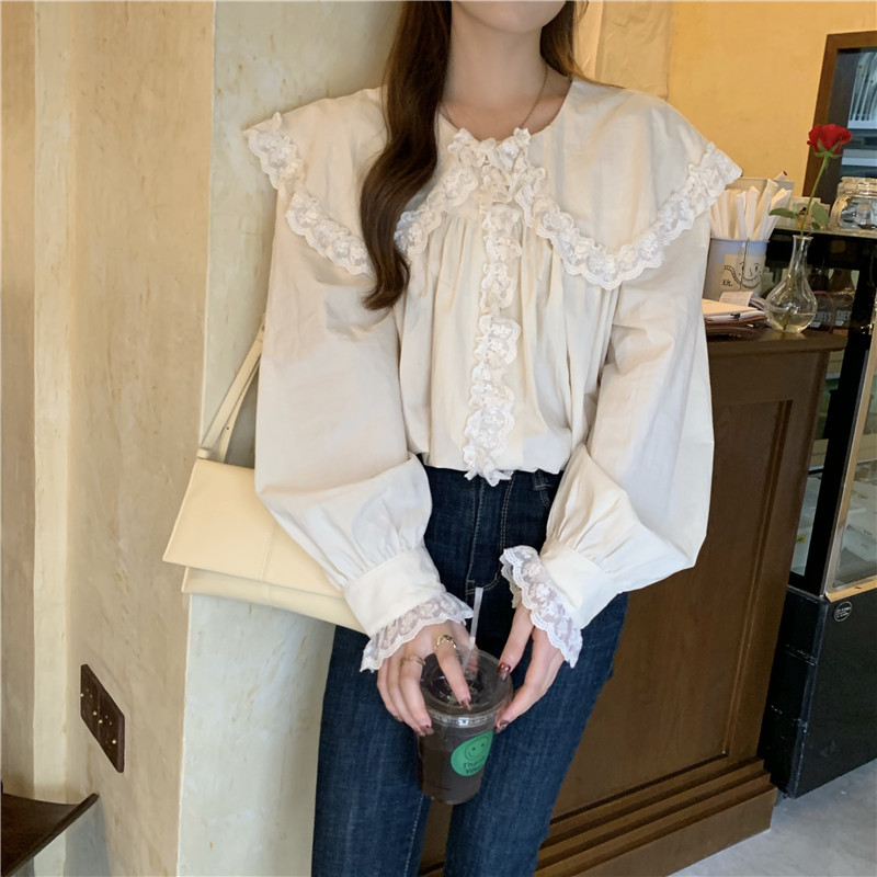 Nomikuma Women Doll Shirt Korean Sweet Lace Patchwork Peter Pan Collar Blouse Autumn Long Sleeve Causal Blusas Mujer 6D349 210427