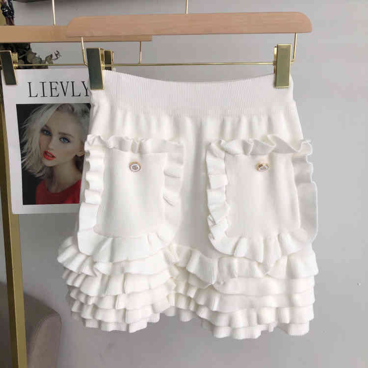 Sweet High-Waisted Ruffles Cake Skirts Vintage Summer Fashion Women's Knitting Mini Female 210519