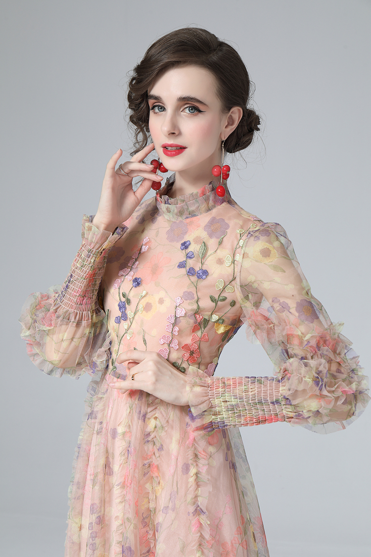 Women's Runway Dress Stand Collar Long Lantern Sleeves Printed Ruffles Elegant Fashion Party Prom Gown