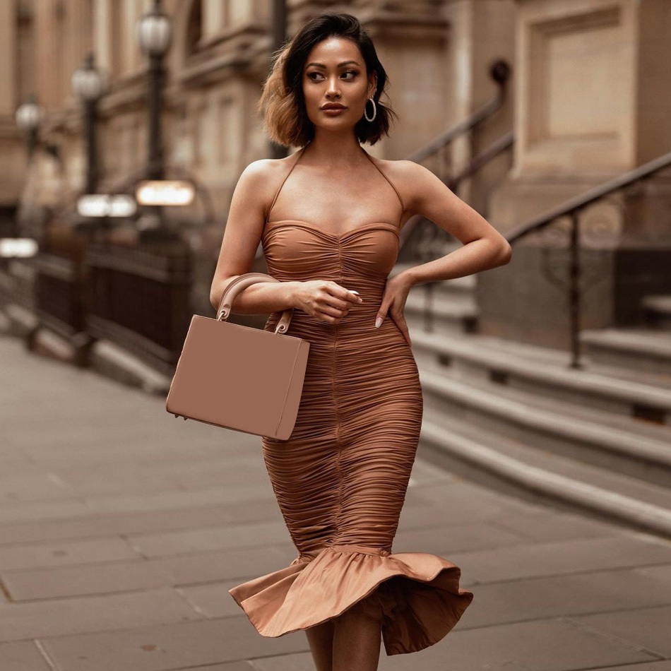 Summer Women Khaki Sleeveless Mermaid Dress Sexy Halter Ruffles Club Celebrity Runway Evening Party Vestido 210423