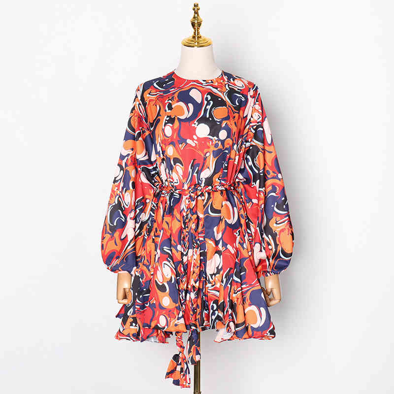 VGH Print Dress For Women O Neck Long Lantern Long Sleeve Patchwork Bandage High Waist A Line Casual Dress Female Clothing 210421