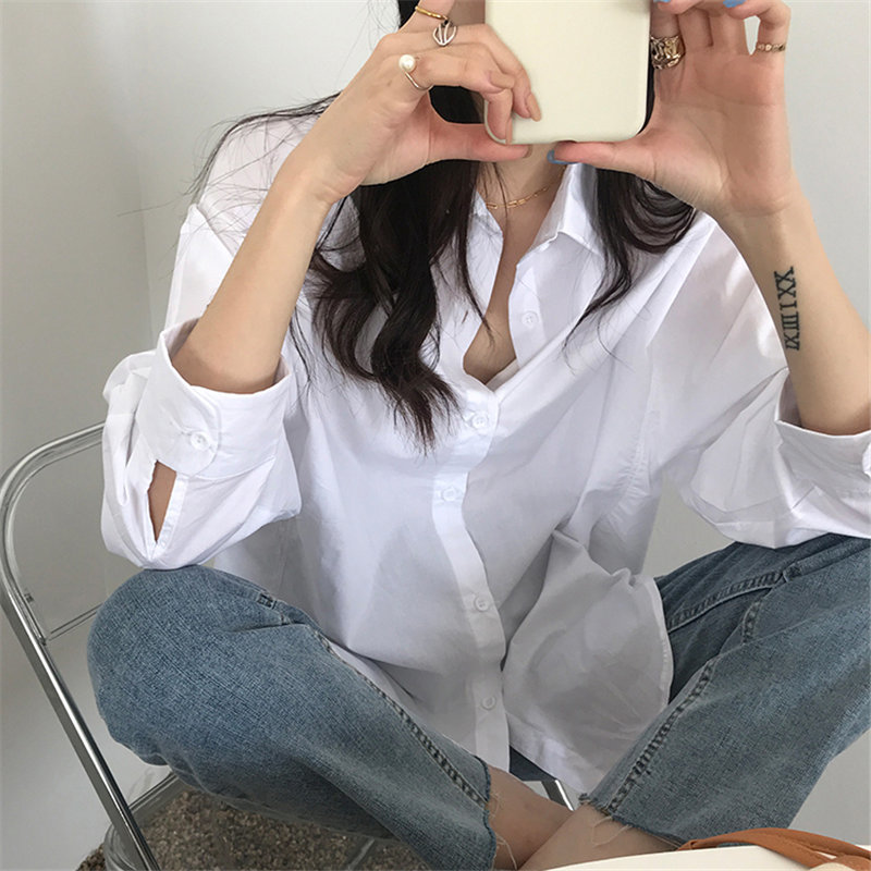 White Solid Color Chic Office Lady Blouses Brief Minimalist Stylish Tops Fresh Women Loose Gentle Casual Shirts 210421