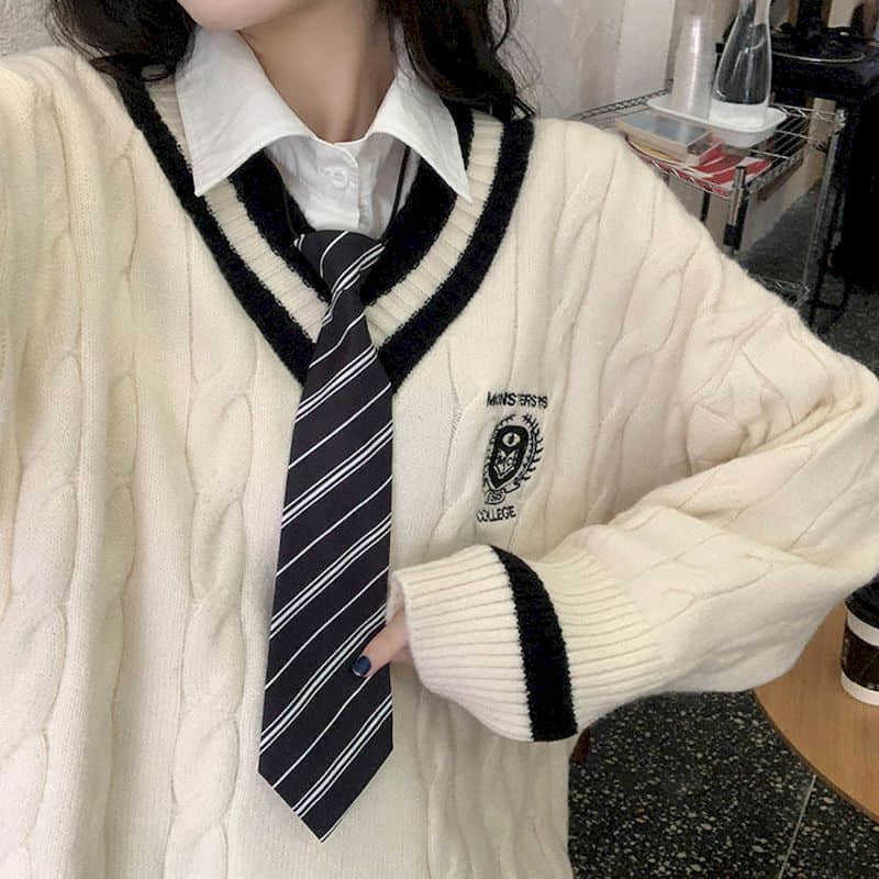 College style autumn winter sweet cute V-neck sweater female student long-sleeved Korean loose all-match + shirt tie 210526