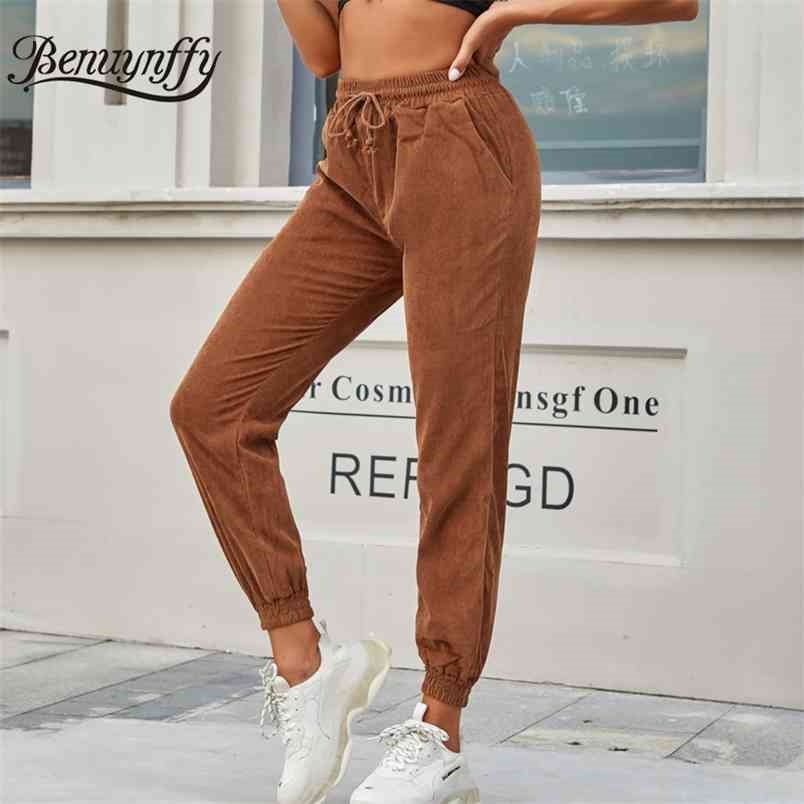 Autumn Winter Ladies Drawstring Corduroy Trousers Casual Fashion Streetwear Pockets High Waist Pants for Women 210510