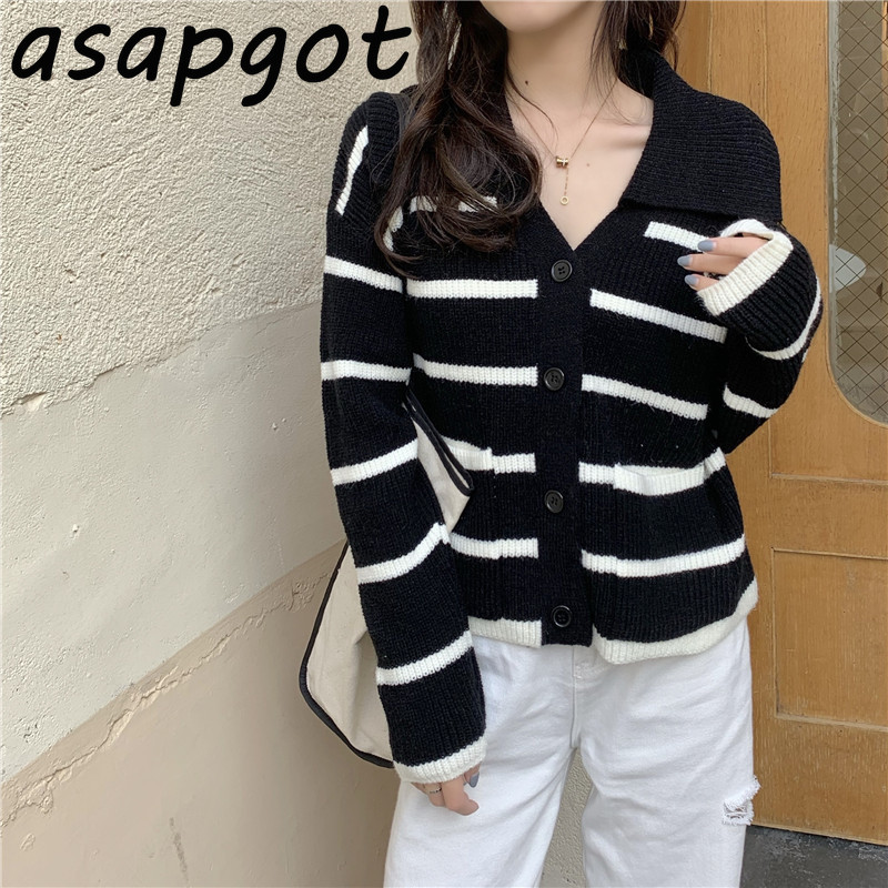 Sweater Autumn Preppy Style Black White Striped Knitted Cardigan Jacket Turn Down Collar Contrast Color Casual Student Men 210429