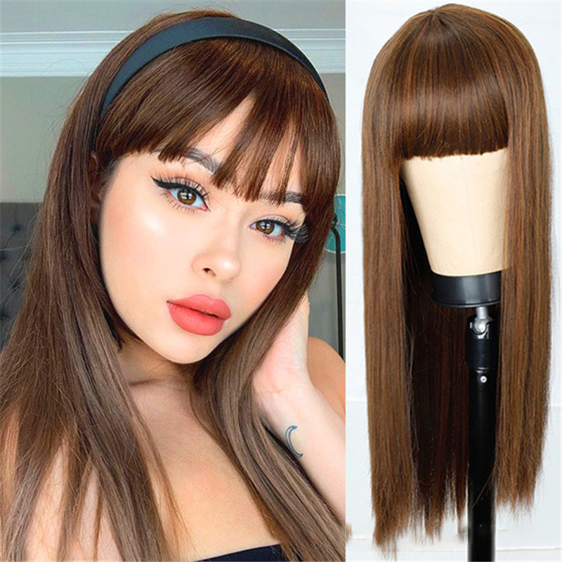 Flat Bangs Long Straight Wig Female Soft Chemical Fiber Hair Fashion Ladies Full Head Cover Wig