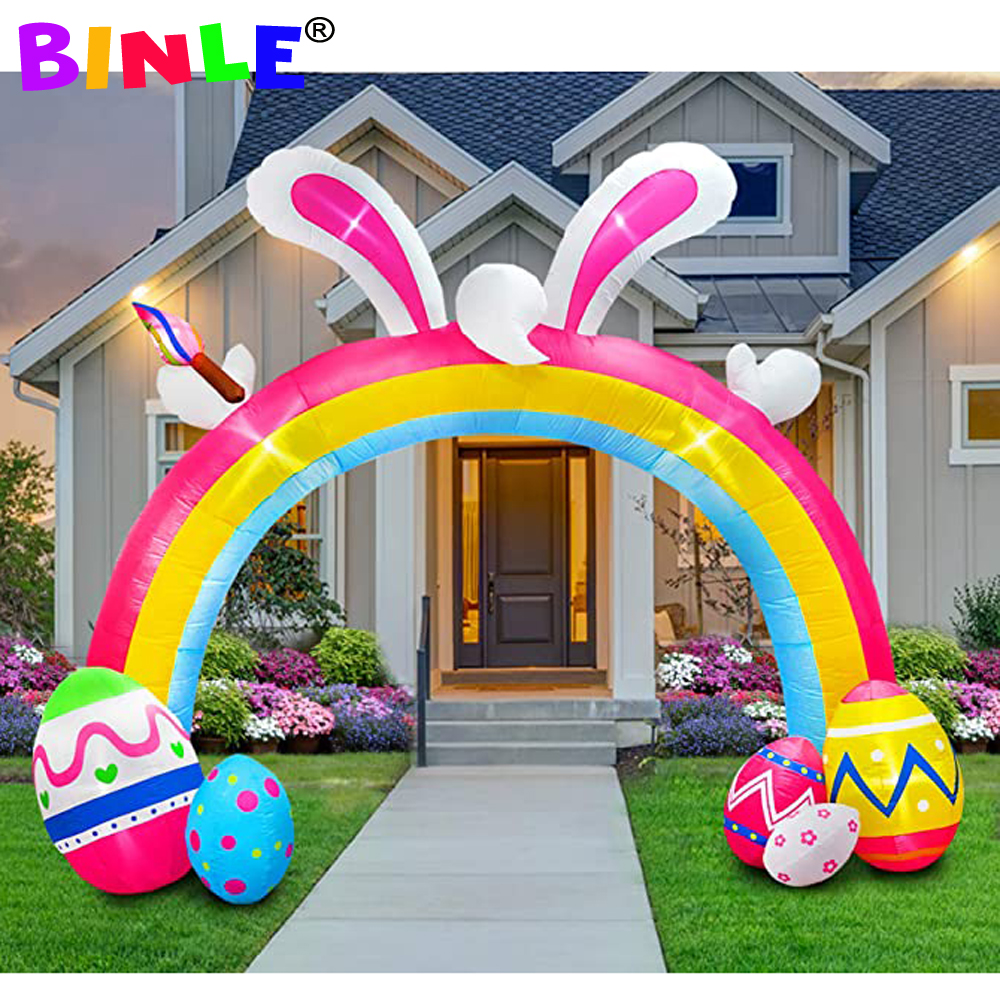 5m Cute Giant Inflatable Easter Bunny Ears Arch With Eggs Lighted LED Airblown Archway For Yard Party Decoration