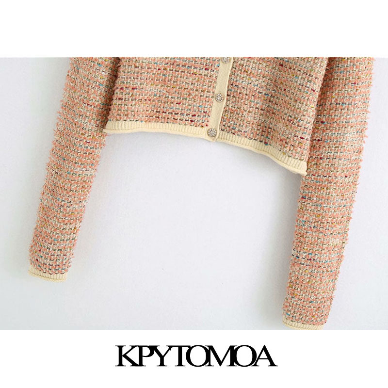 Women Fashion Bejewelled Button Cropped Knitted Cardigan Sweater Long Sleeve Female Outerwear Chic Tops 210420