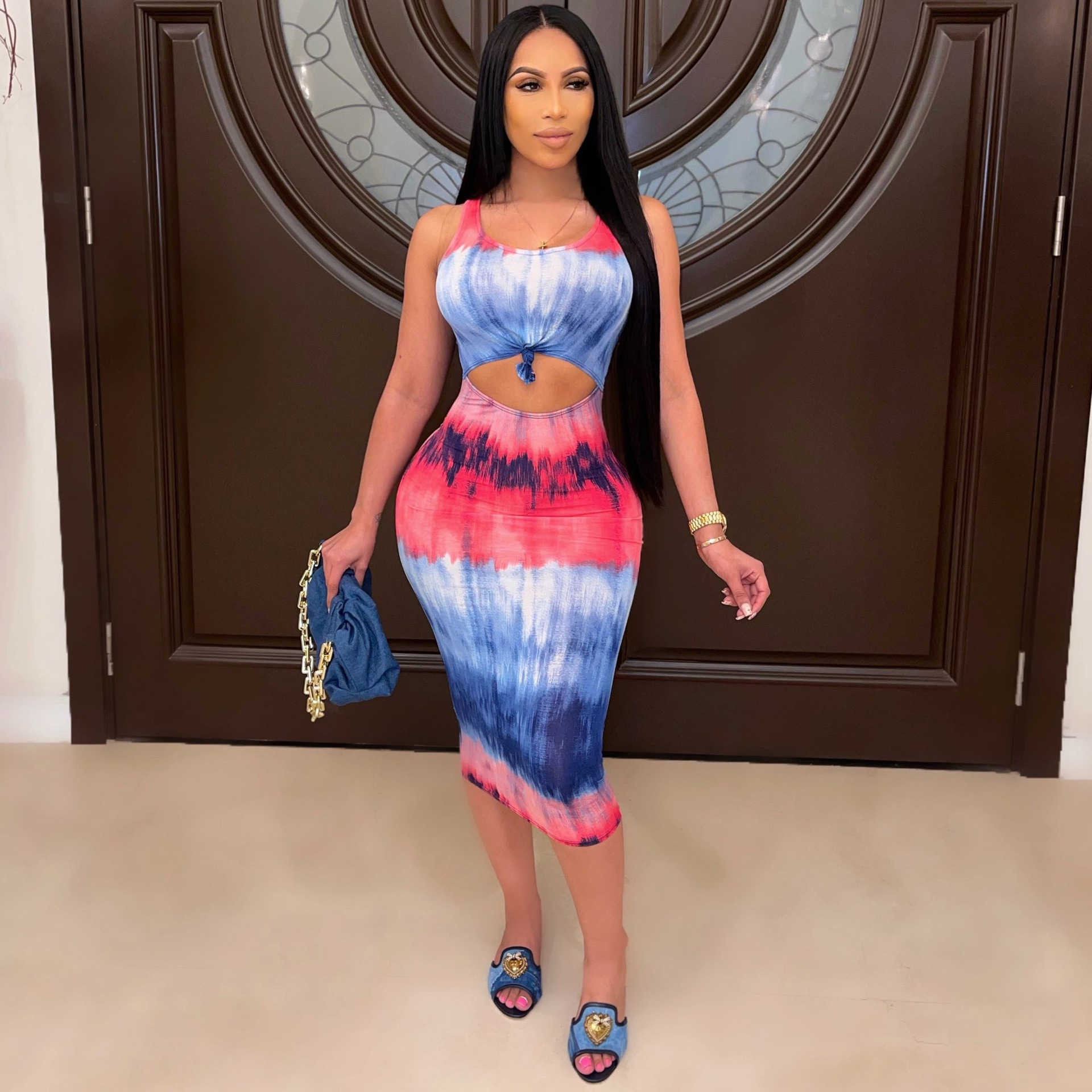 Women Tie Dye Printed Sleeveless Hollow Out Bodycon Midi Dress 210702