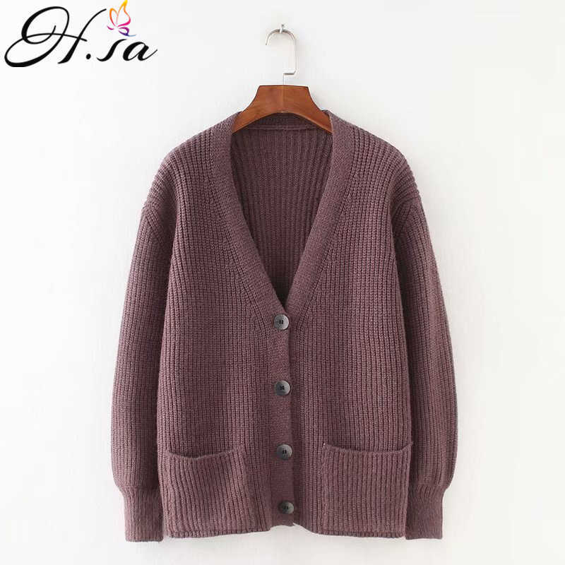 H.SA Women Winter Sweater Cardigans Lantern Sleeve V neck Button Big Pocket Knit Jacket Loose Coat Casual sueter feminino 210716