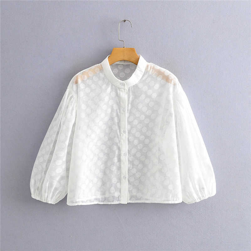 EXQJ Elegant Women Sexy Transparent Ploka Dot Shirts Fashion Ladies O-Neck Tops Sweet Female Chic Puff Sleeve Blouses 210527