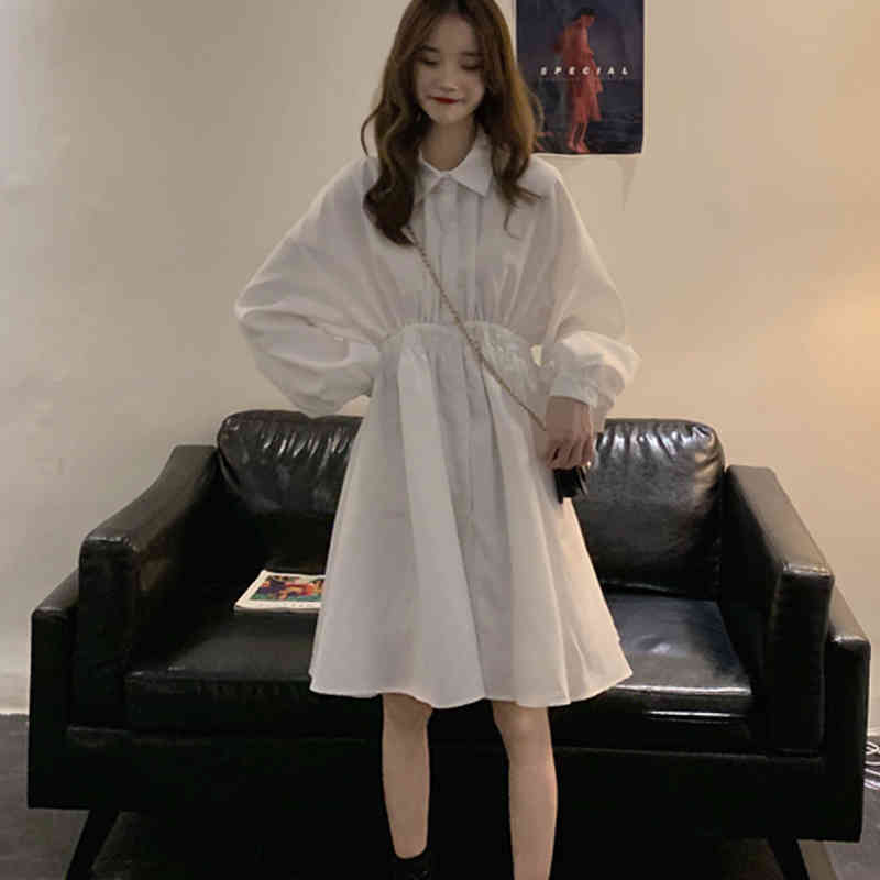 White Woman Dress Lantern Sleeve Solid Plus Size Dresses Vintage Single Breasted Women Shirts Vestidos 14510 210508