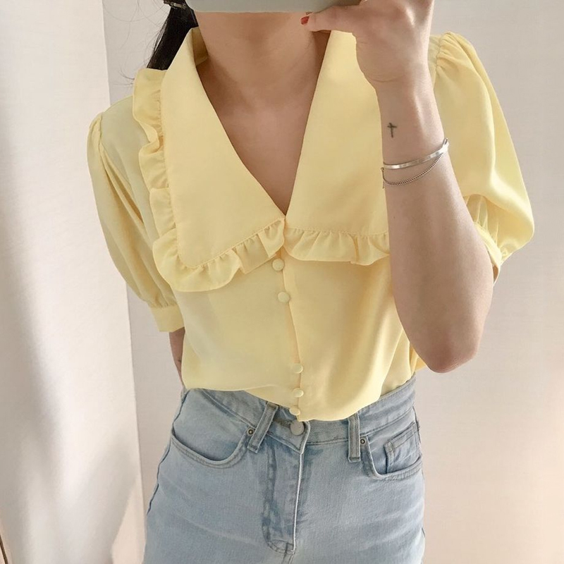 Summer Loose Blouse Women Short Sleeve Solid Peter Pan Collar Sweet Ladies Shirts Chiffon Casual Female Tops Blusa 10196 210508