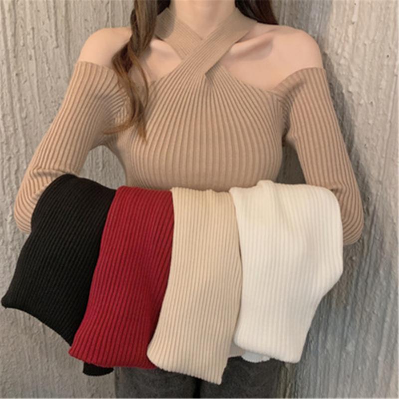 Women's Sweaters Women Crossed Halter Collar Knitted Off-shoulder Sweater Pullover Girls Knitting Stretchy Pullovers Tops Female ZY5342, White;black
Women's Sweaters Women Crossed Halter Collar Knitted Off-shoulder Sweater Pullover Girls Knitting Stretchy Pullovers Tops Female ZY5342, White;black