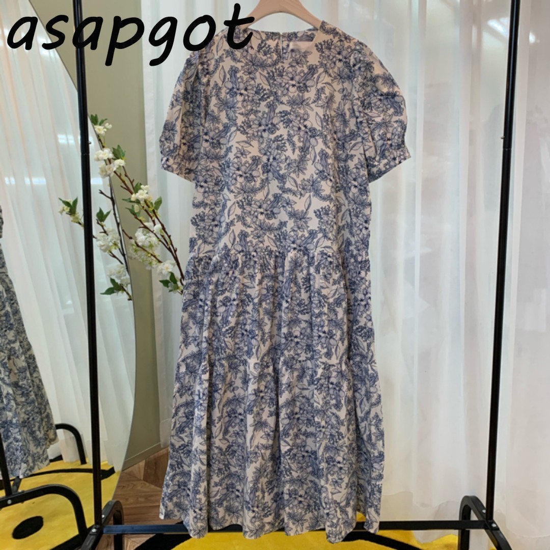 Korean Chic Summer Retro Sketch Print Dress Casual Round Neck Loose Bubble Short Sleeve Women Rufles Hand Painted 210429