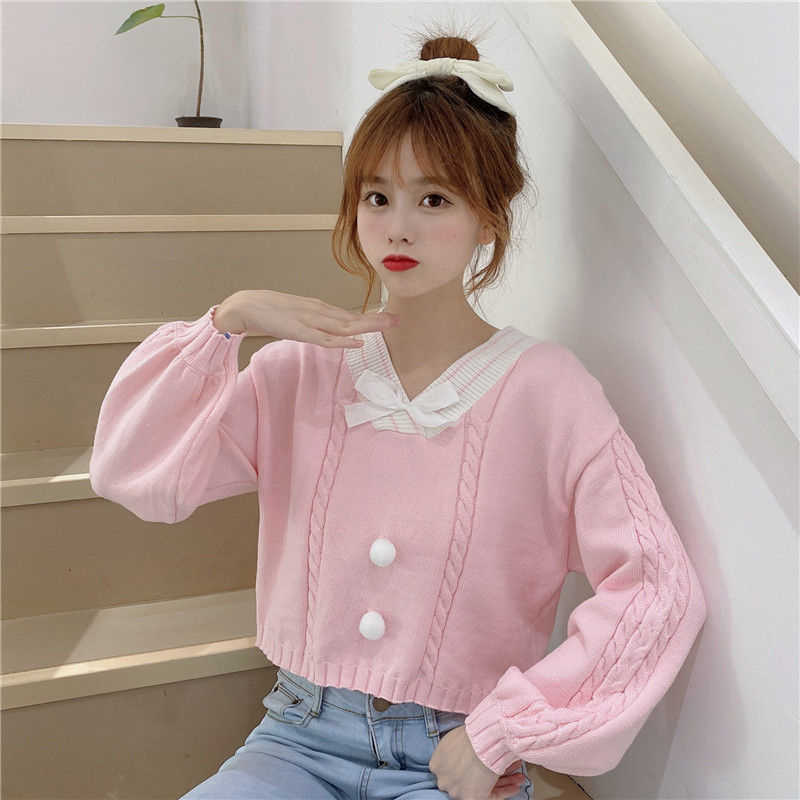 Lucyever Sweet Bowknot Knit Sweaters Women Autumn Casual Lantern Sleeve V Neck Pullovers Female Wild Knitted Short Sweater 210918