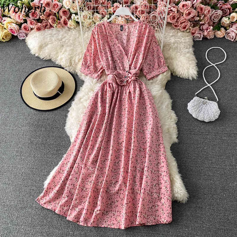 A-line V-neck Slim Waist Dress Women Elegant Sweet Floral Print Spring Summer Korean Maix Vestidos Chic Robe 210519