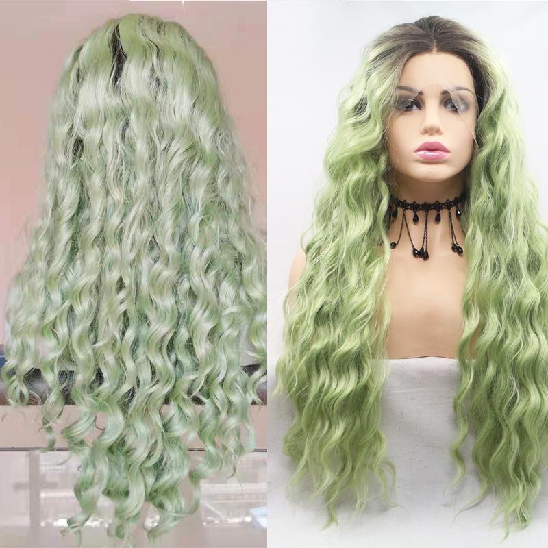Synthetic Wigs Lace Front Wig Dark Lime Mint Green Curly For Black Women Ombre Body Wave Frontal Hair Lolita Cosplay