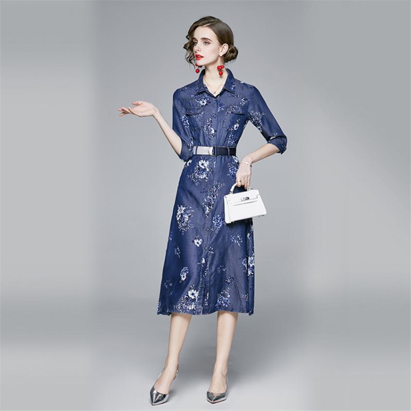 Women Summer Denim Dress Retro Floral Print Casual Long Jeans Shirt High Quality Fashion Soft Robe Femme 2021 Dresses
