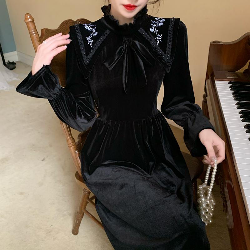 Women Dress A-Line Stand Collar Long Sleeve Mid-calf High Waist Slim Korean Fashion Vintage Autumn Woman Dresses Vestido Clothes Casual