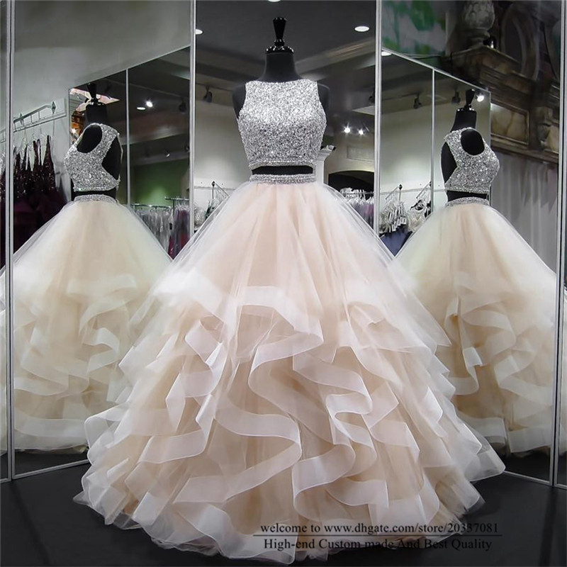 Quinceanera Dresses 2021 Two Pieces Sexy Backless Crystal Sequins Party Prom Formal Tulle Ball Gown Vestidos De 15 Anos Q12