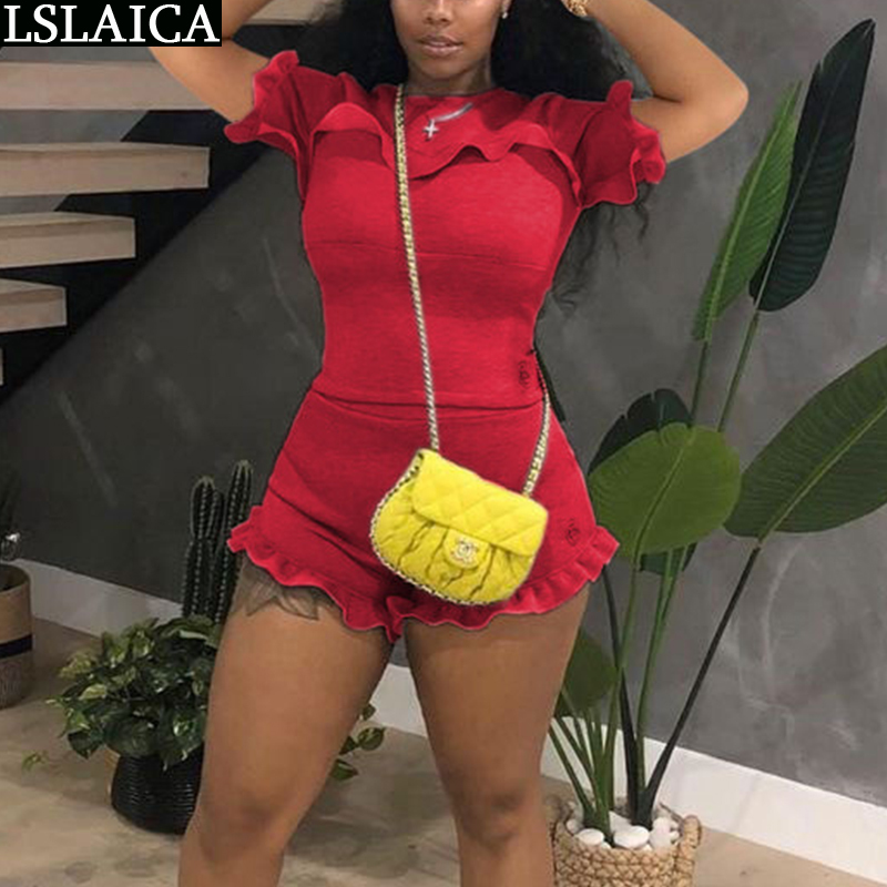 Wholesale Items Short Sleeve Tshirt&short Pants Summer Suit for Women Solid Ruffled Fashion Ruched Casual Women's Knitwear 210520