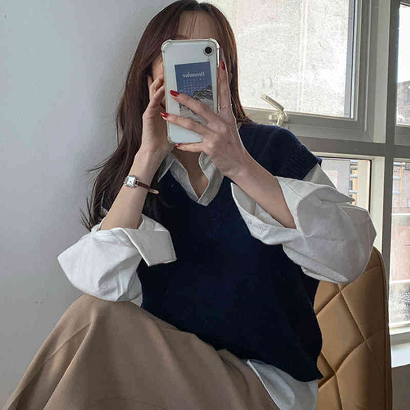 Nomikuma Korean Causal Women 2piece Sets V-neck Sleeveless Knitted Loose Vest + Long Sleeve Solid Blouses New Suits 6D978 210427