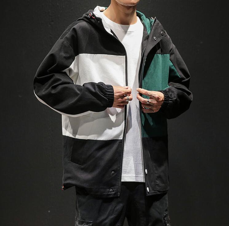 Spring Large Size Hooded Jacket Loose Contrast Color Stitching Men Japanese Streetwear Mens Jackets And Coats Men's