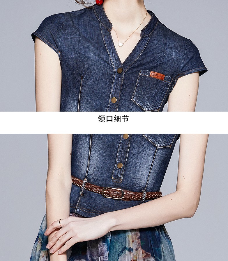 Summer Vintage Fashion Denim V-Neck Patchwork Chiffon Long Dresses Vestidos High Waist Casual Party Dress Female 210518