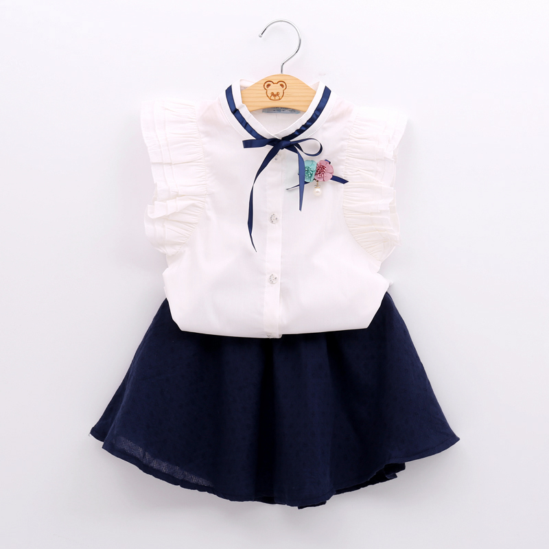 Girls Sets Summer Cotton Tie Bow T-shirt+Solid Color Short Skirt Fashion Party Clothes Kids 210515