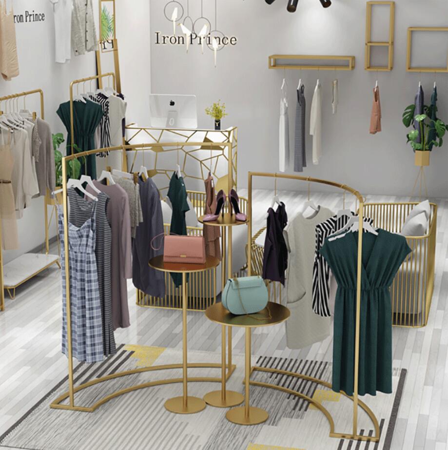 Clothing store iron clothes rack Commercial Furniture modern simple gold women's cloth floor display racks shopping mall show platform