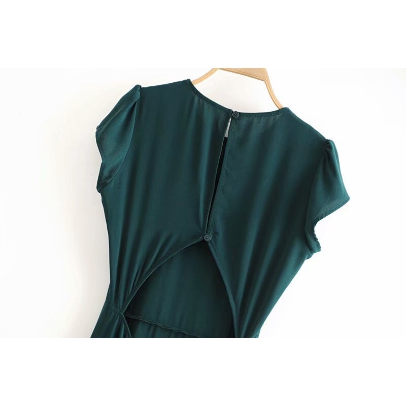 Vintage French Style Plain Green Backless Split Midi Dress Elegant Woman Hollow Out Hole Short Sleeve Slim Tea Dresses Vestido 210429