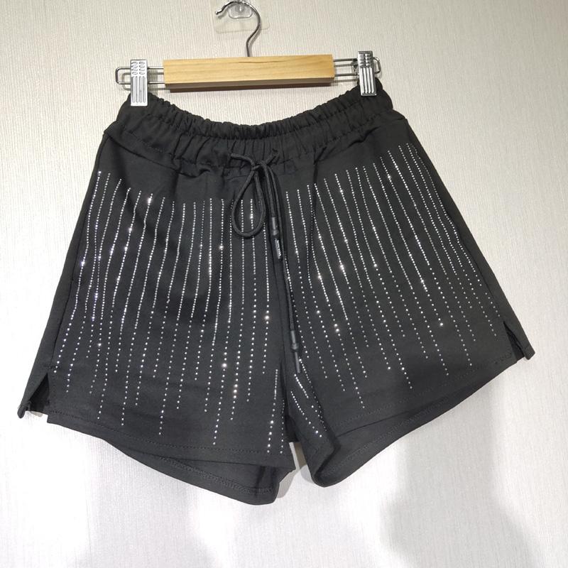 Plus Size Shorts Woman Style Spring Autumn Large Vertical Stripe Drilling Diamond Slit Elastic Waist Short Women's