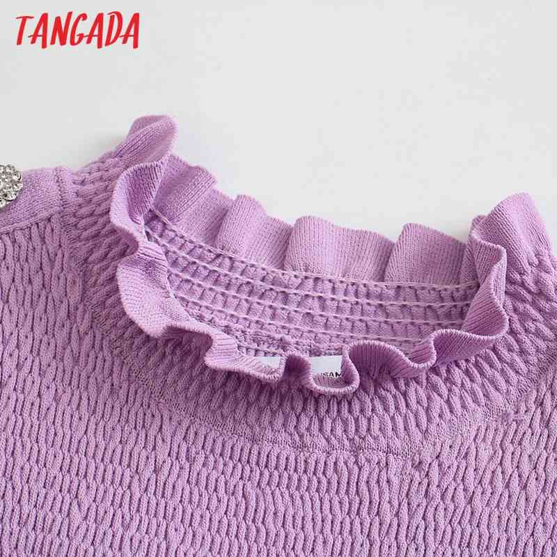 Women Fashion Beading Buttons Strethy Cropped Knitted Sweater Puff Sleeve Ruffled Female Pullovers Chic Tops BE494 210416