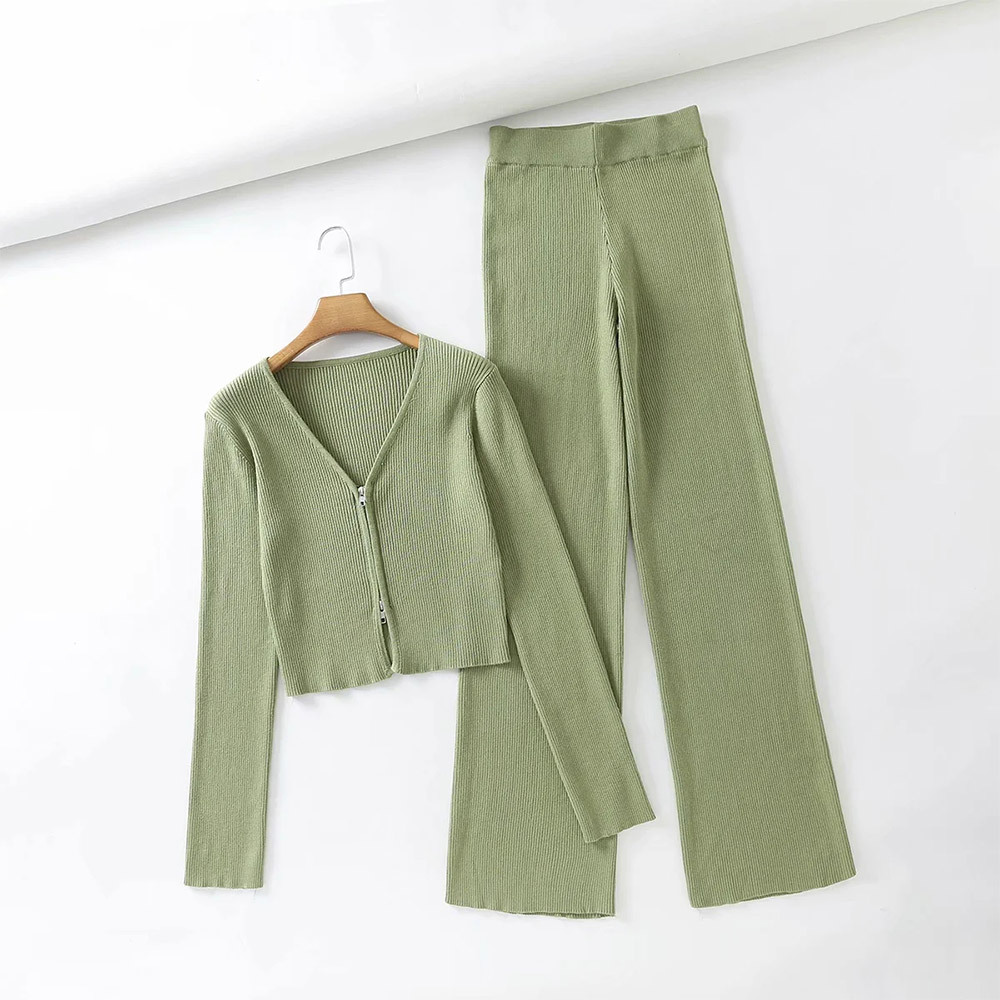 Wonder Women's Knitted Set Double Zipper Long Sleeve Cropped Top + Elastic High Waist Wide Leg Pants Outfits 210510
