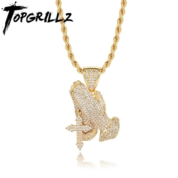 TOPGRILLZ Iced Out Praying Hand Pendant Necklace With Cross Gold Color Hip Hop Fashion Charm Jewelry Gift For Men Women X0509
TOPGRILLZ Iced Out Praying Hand Pendant Necklace With Cross Gold Color Hip Hop Fashion Charm Jewelry Gift For Men Women X0509