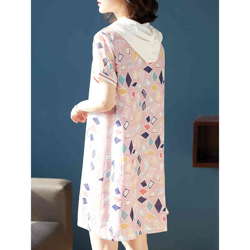 Plus Size Hooded Geometry Printing Women Chiffon Spring Summer Short Sleeve Ladies Loose Medium Long TShirt Dress D12801X 210416