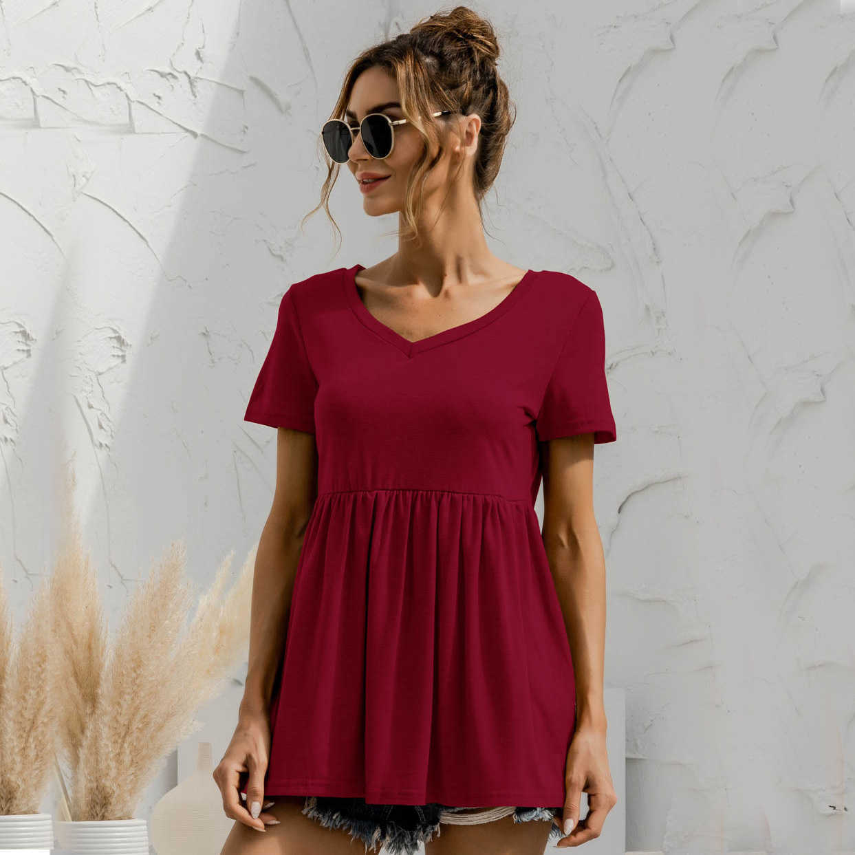 Women t shirt Summer Tops V-Neck Short Regular Sleeves Loose Long Solid Classic Casual Women's A-line T-shirt 210524