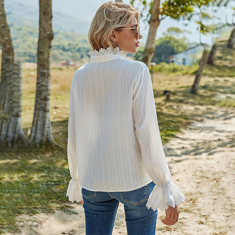 Women Hollow Lace Patchwork Blouses Elegant Stand Neck Flare Long Sleeve White Shirts Spring Single Breasted Office Ladies Tops 210522