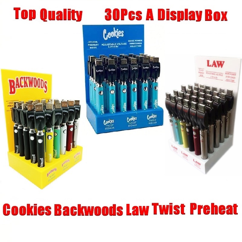 2021 Cookies Backwoods Law Twist Preheat VV Battery 900mAh Bottom Voltage Adjustable Usb Charger Vape Pen 30Pcs with Display Box
2021 Cookies Backwoods Law Twist Preheat VV Battery 900mAh Bottom Voltage Adjustable Usb Charger Vape Pen 30Pcs with Display Box