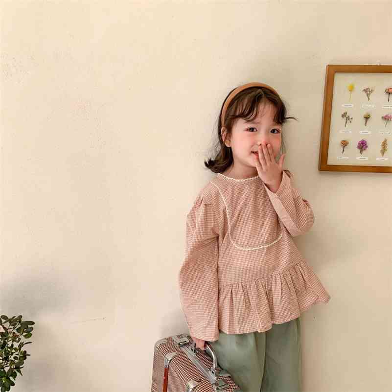 Spring cute girls plaid long sleeve blouses Cotton casual fashion loose Tops 1-5Y 210708, Khaki 
Spring cute girls plaid long sleeve blouses Cotton casual fashion loose Tops 1-5Y 210708, Khaki