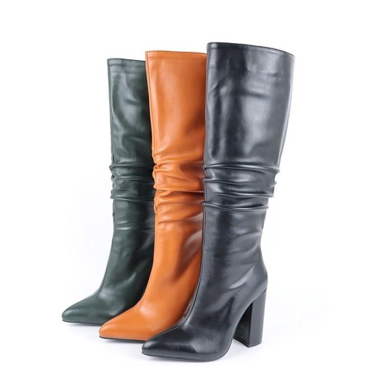 Boots And Autumn Winter Large Pile Women's Thick High Heels Fashion Pointed Below The Knee
