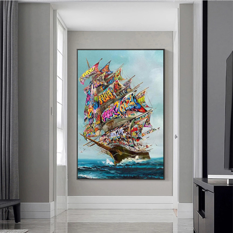 Storm on The Sea Graffiti Art Pirate Ship Vintage Canvas Painting Posters and Prints Living Room Art Wall Decoration Painting