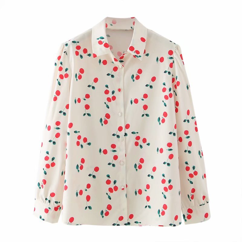 Women Cherry Printing Basic Shirt Casual Femme Long Sleeve Blouse Office Lady Loose Tops Blusas S8126 210430
