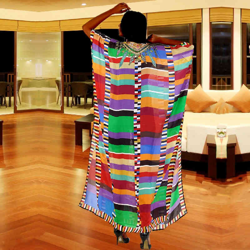 Kaftan Bikini Cover-ups Tunic Women Large Size Beach Wear Swim Suit Cover Up Bohemian Printed Loose Dress Q1084 210420
