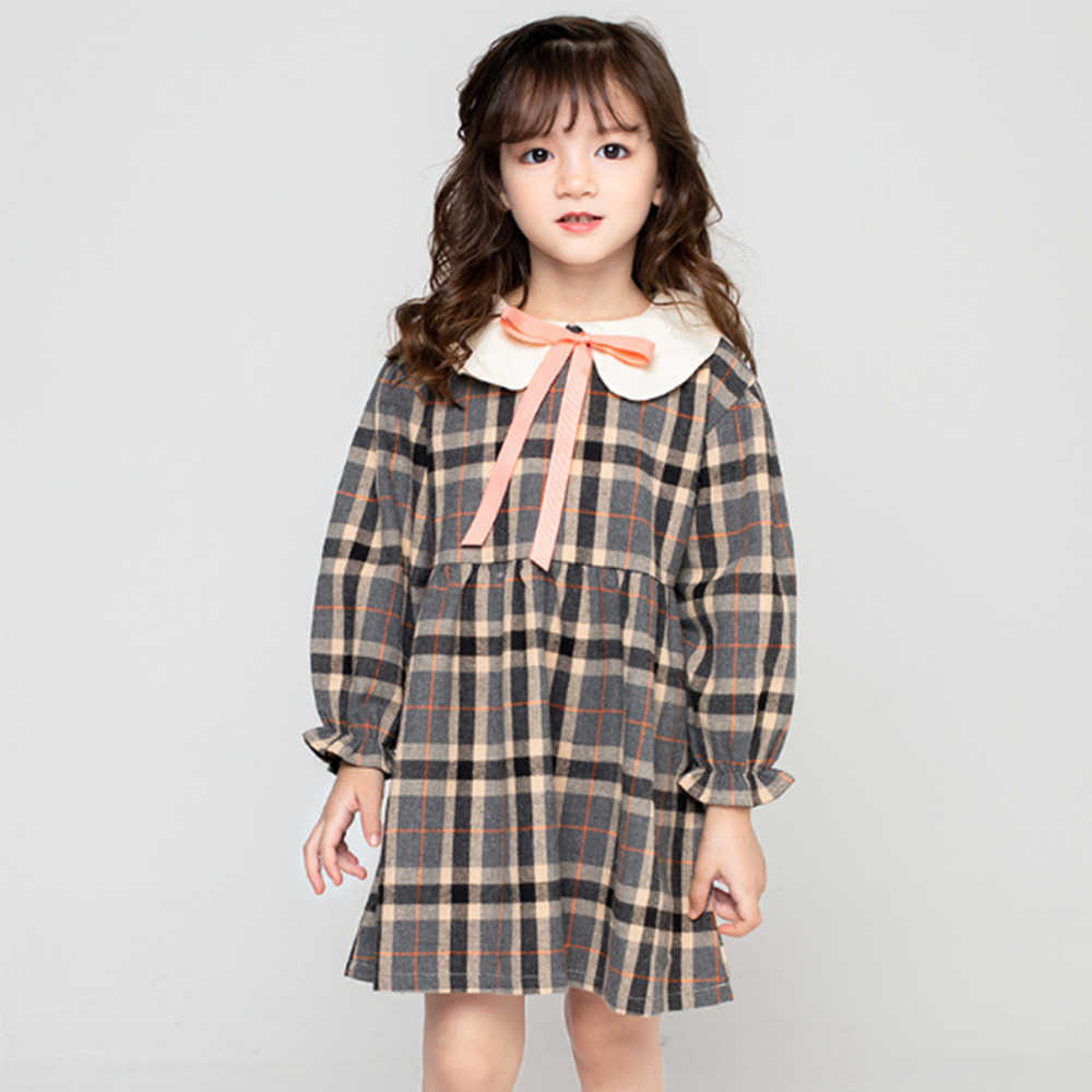 Mudkingdom Kids Dress for Girl Ruffle Cuff Princess Autumn Girls Plaid Peter Pan Collar 210615
