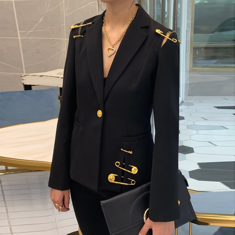VGH Hollow Out Blazer For Women Lapel Long Sleeve Golden Pins Accessories Split Slim Black Blazers Female Fashion New Style 210421