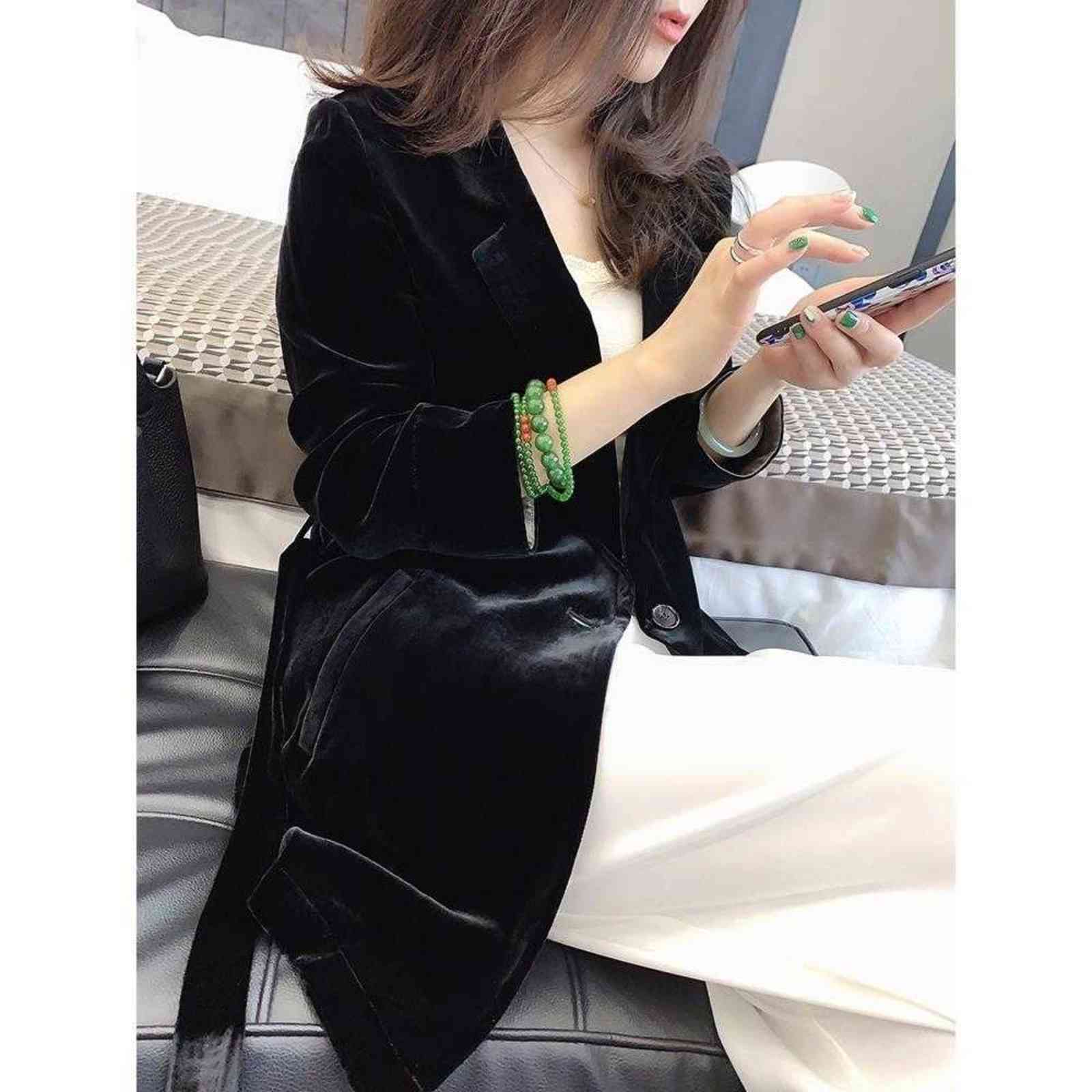 Peonfly Autumn Women's Velvet Blazers Jacket with Sashes Female Notched Outerwear Office Ladies Coat Loose Black Blazer 211122